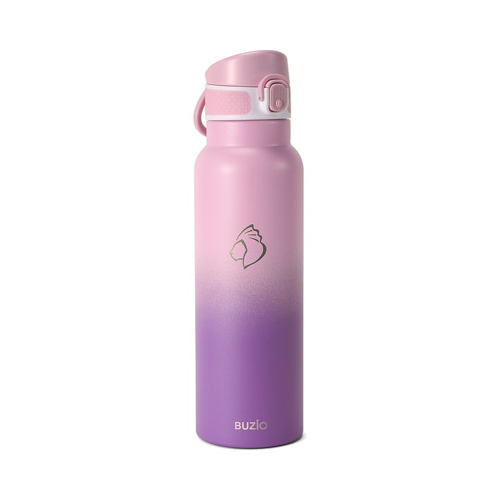 pink water bottle with straw